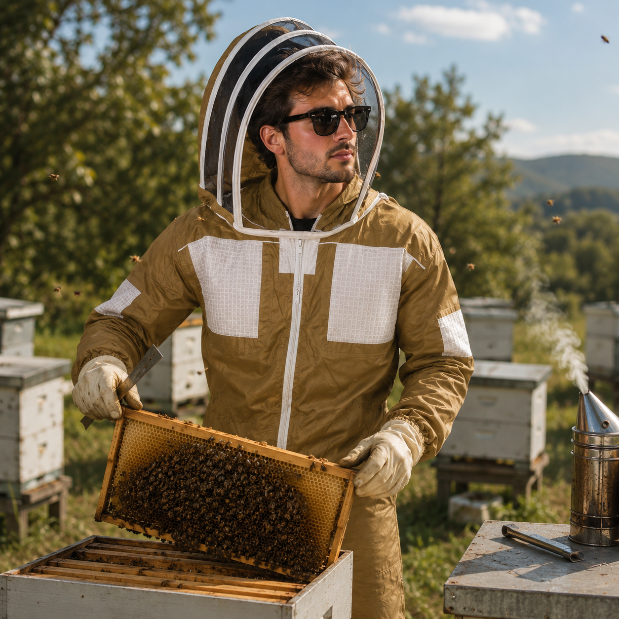 Beekeeping Semi Ventilated Full Suit in Khaki Fencing Veil***Free Gloves***