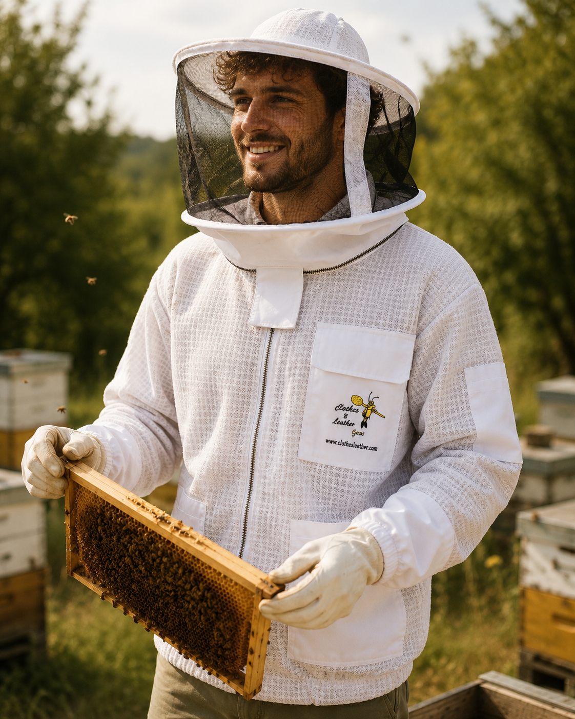Beekeeping Ventilated Jacket Three Layer Mesh Ultra Round Veil in White Colour (1 X Free Gloves)