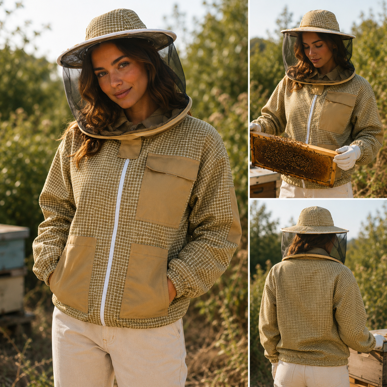 Beekeeping Ventilated Three Layer Mesh Jacket with Round Veil in khaki