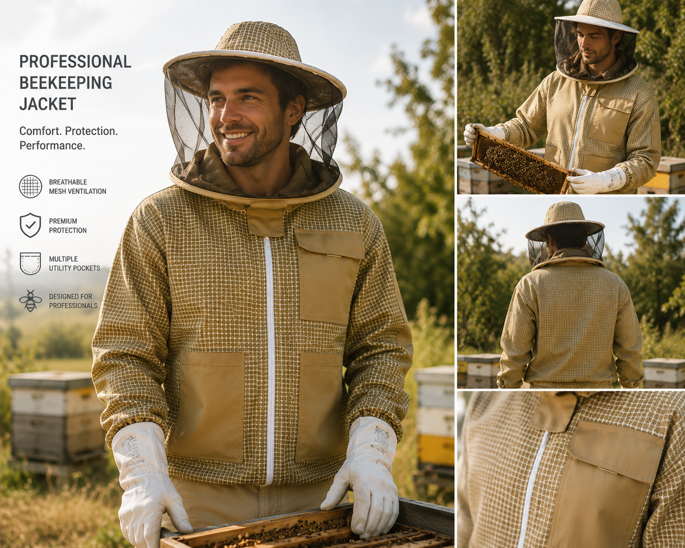 Beekeeping Ventilated Three Layer Mesh Jacket with Round Veil in khaki