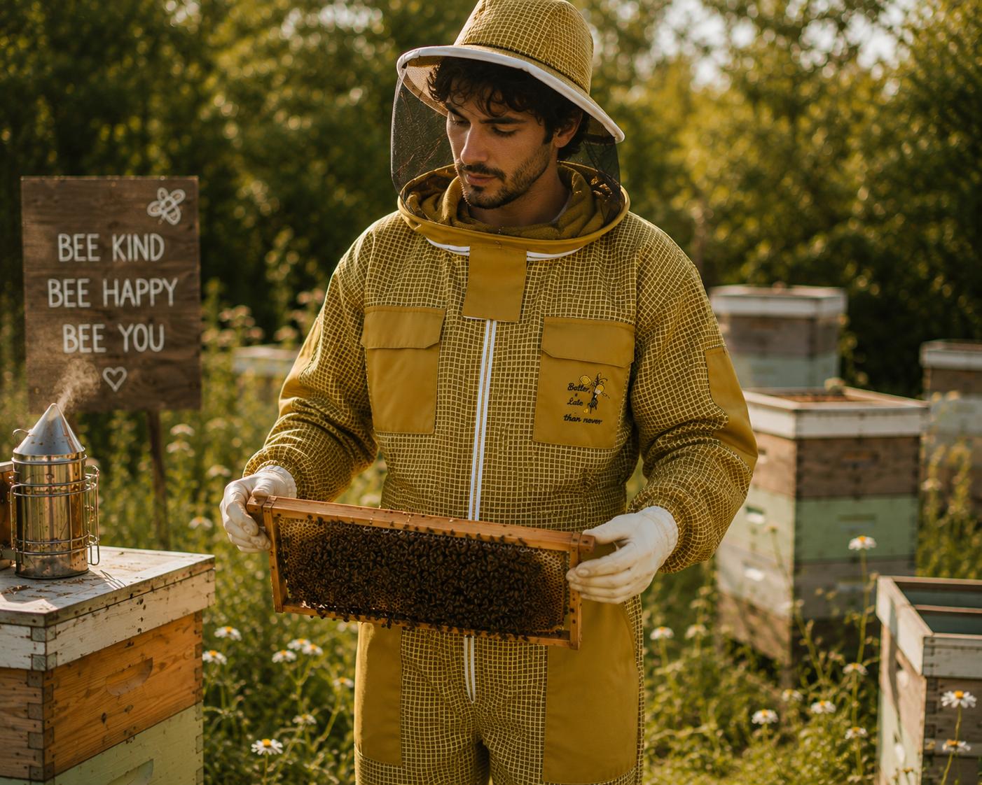 Beekeeping Ventilated Suit Three Layer Mesh Ultra Round Veil in Khaki Colour (1 X Free Gloves)