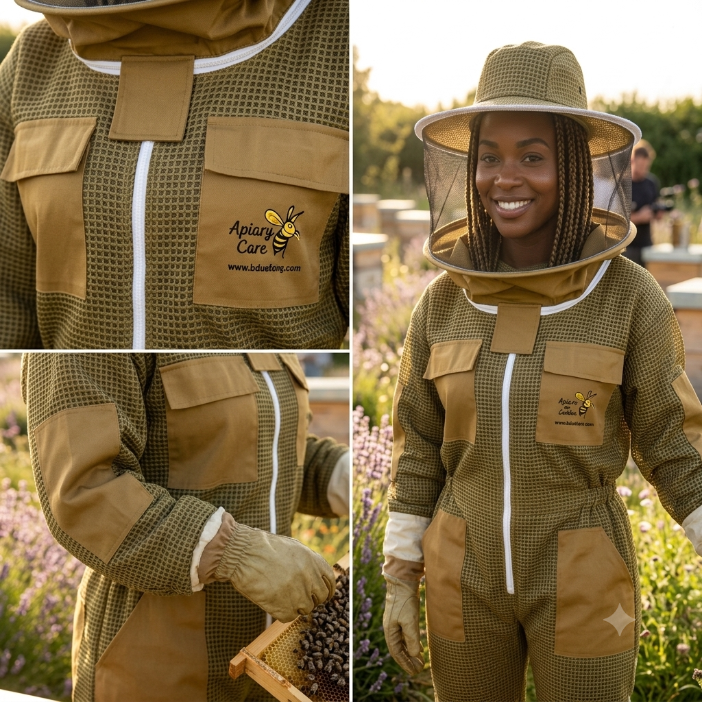 Beekeeping Ventilated Suit Three Layer Mesh Ultra Round Veil in Khaki Colour (1 X Free Gloves)