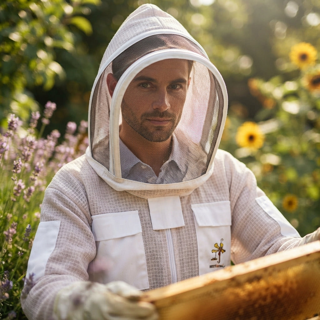 Beekeeping Three Layer Ultra Ventilated Fencing Veil Suit in White (Free Gloves)