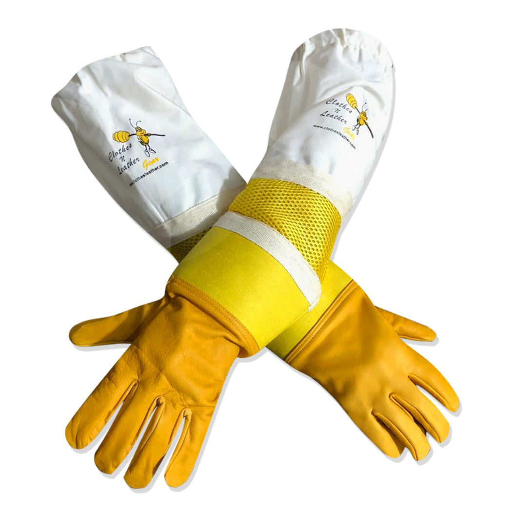 Beekeeping Gloves Adult Semi Ventilated Cowhide Leather & Fabric Cuff in Yellow (For USA Customers Only)