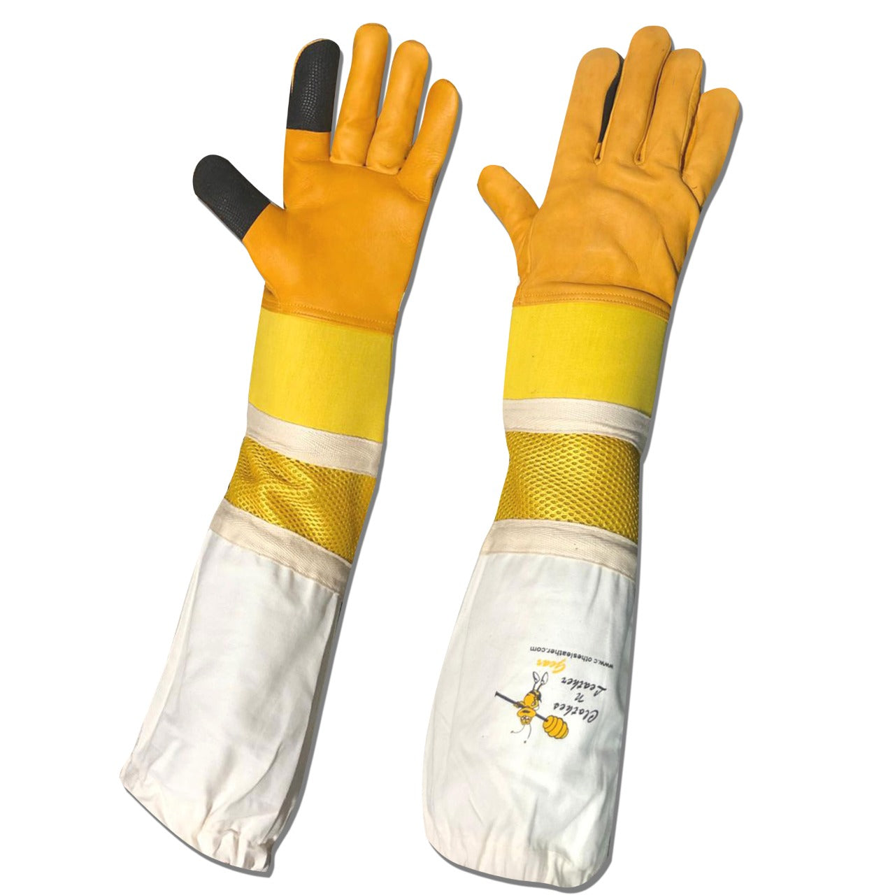 Beekeeping Gloves Adult Semi Ventilated Cowhide Leather & Fabric Cuff In Yellow Touch Screen (FOR USA Customers Only)