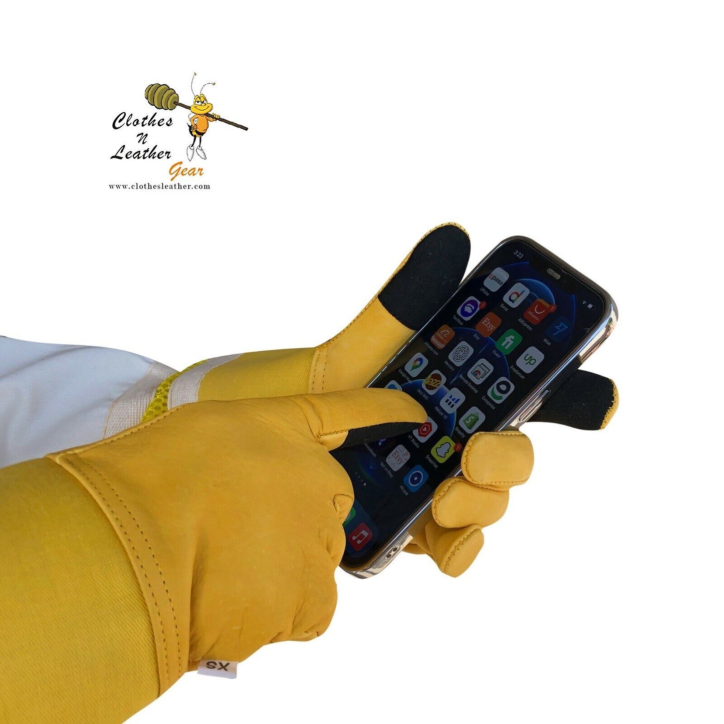 Beekeeping Gloves Adult Semi Ventilated Cowhide Leather & Fabric Cuff In Yellow Touch Screen (FOR USA Customers Only)