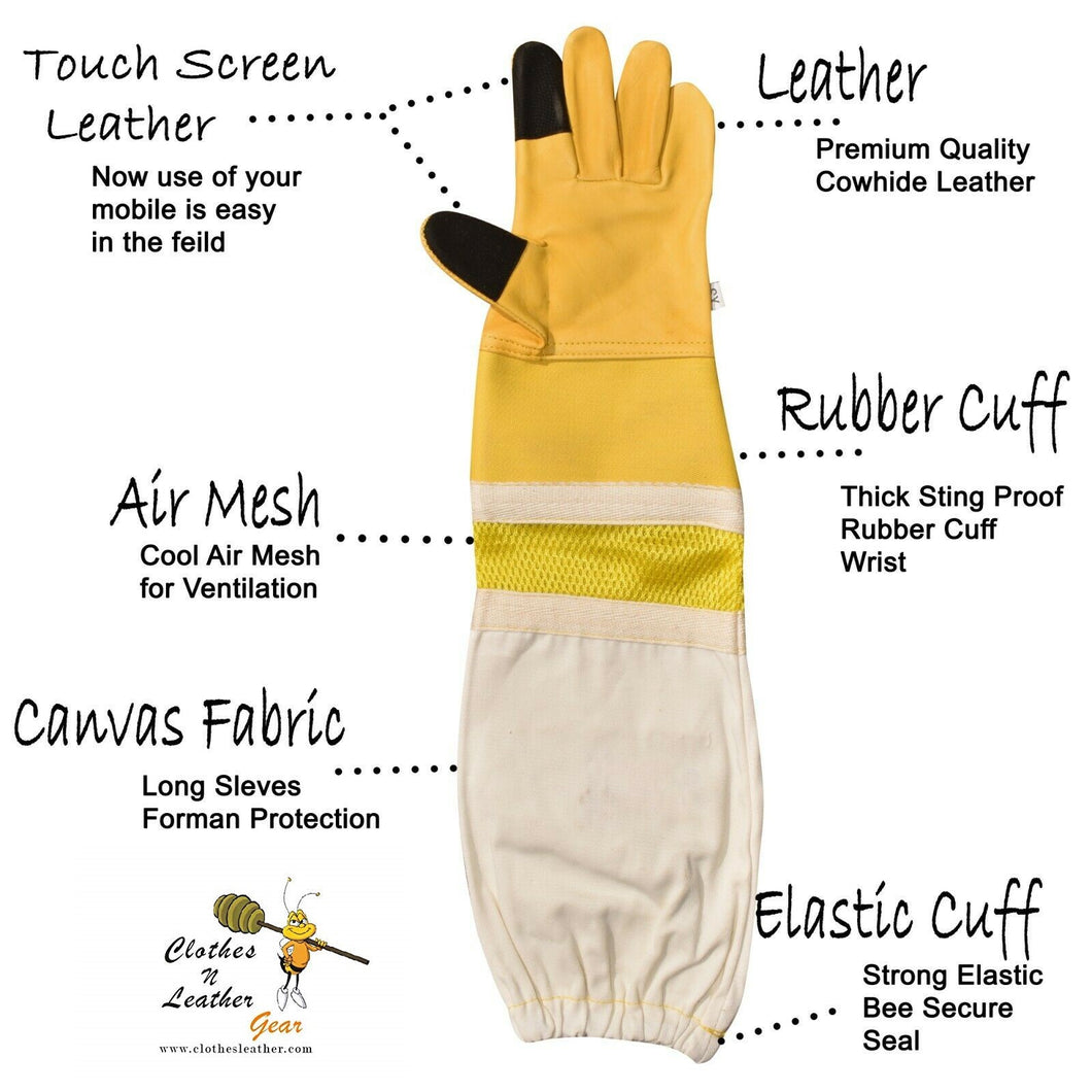 Beekeeping Gloves Adult Semi Ventilated Cowhide Leather & Fabric Cuff In Yellow Touch Screen (FOR USA Customers Only)