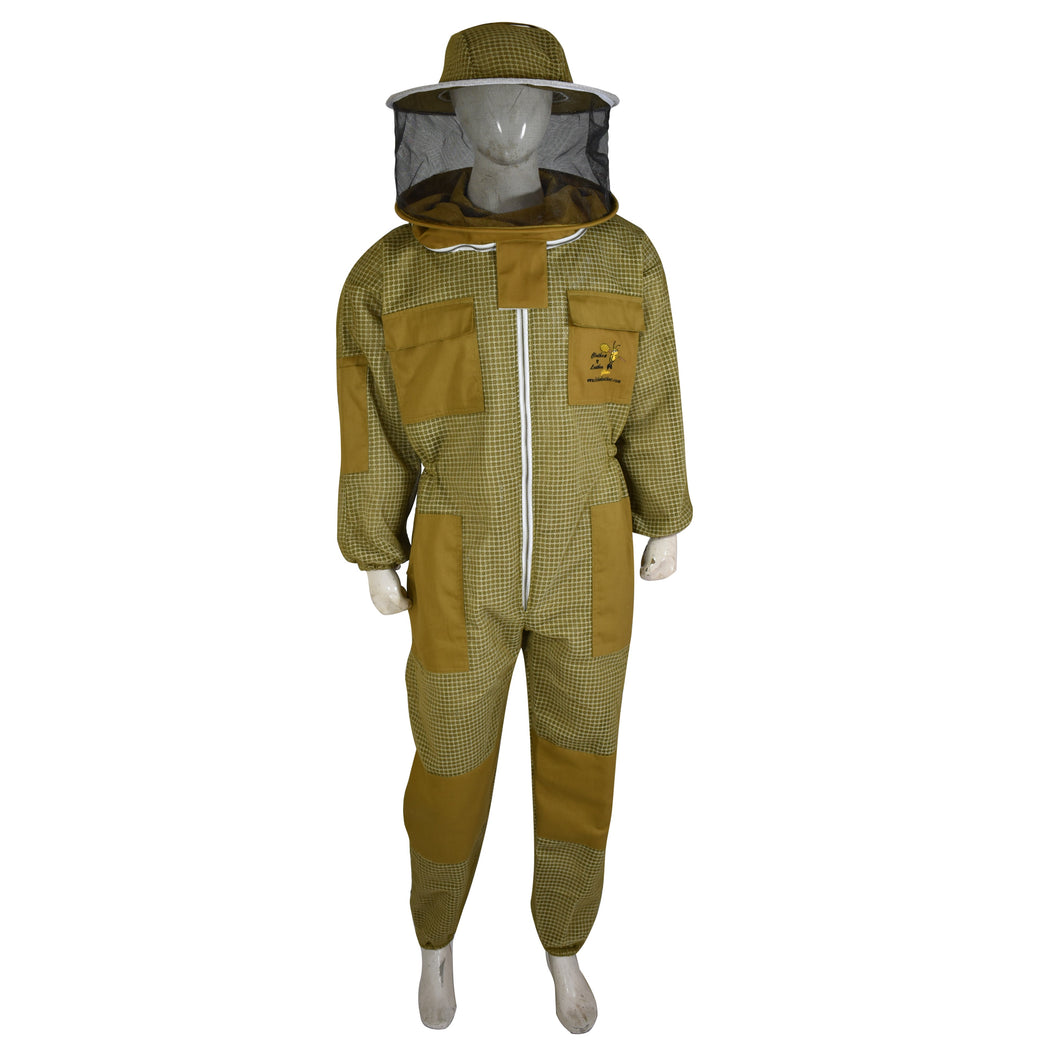 Beekeeping Ventilated Suit Three Layer Mesh Ultra Round Veil in Khaki Colour (1 X Free Gloves)
