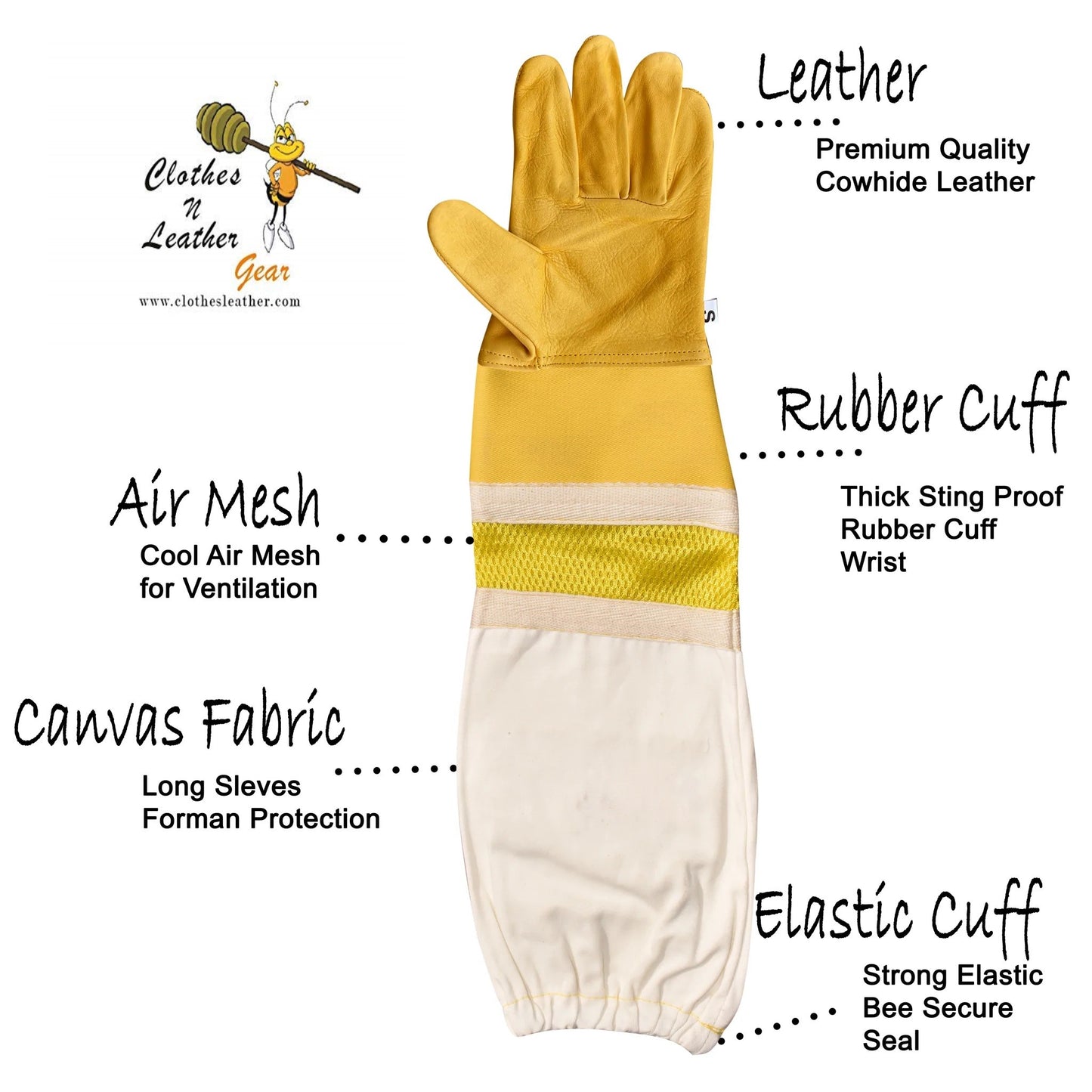 Beekeeping Gloves Adult Semi Ventilated Cowhide Leather & Fabric Cuff in Yellow (For USA Customers Only)