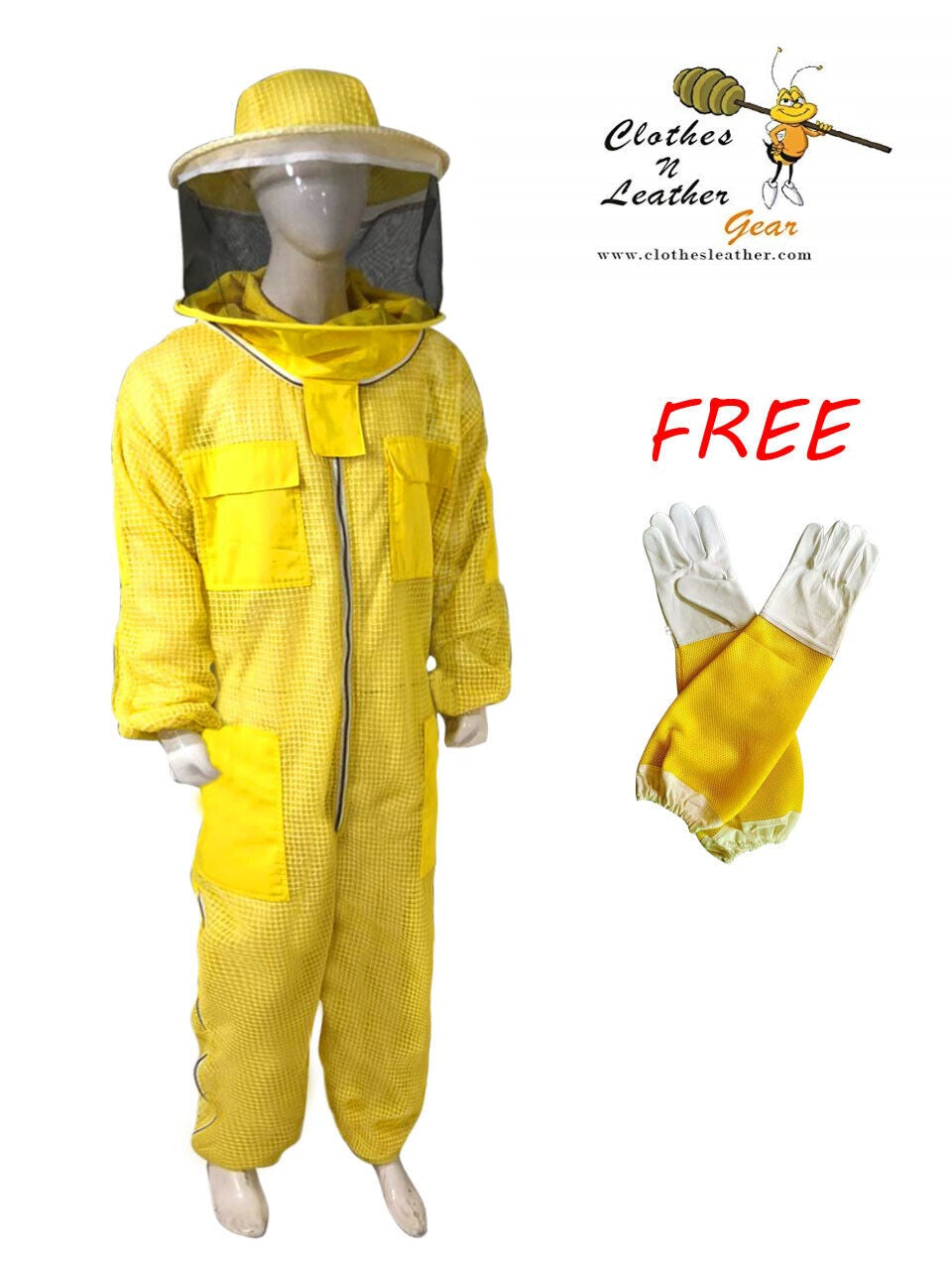 Beekeeping Ventilated Suit Three Layer Mesh Ultra Round Veil in YELLOW Colour (1 X Free Gloves)